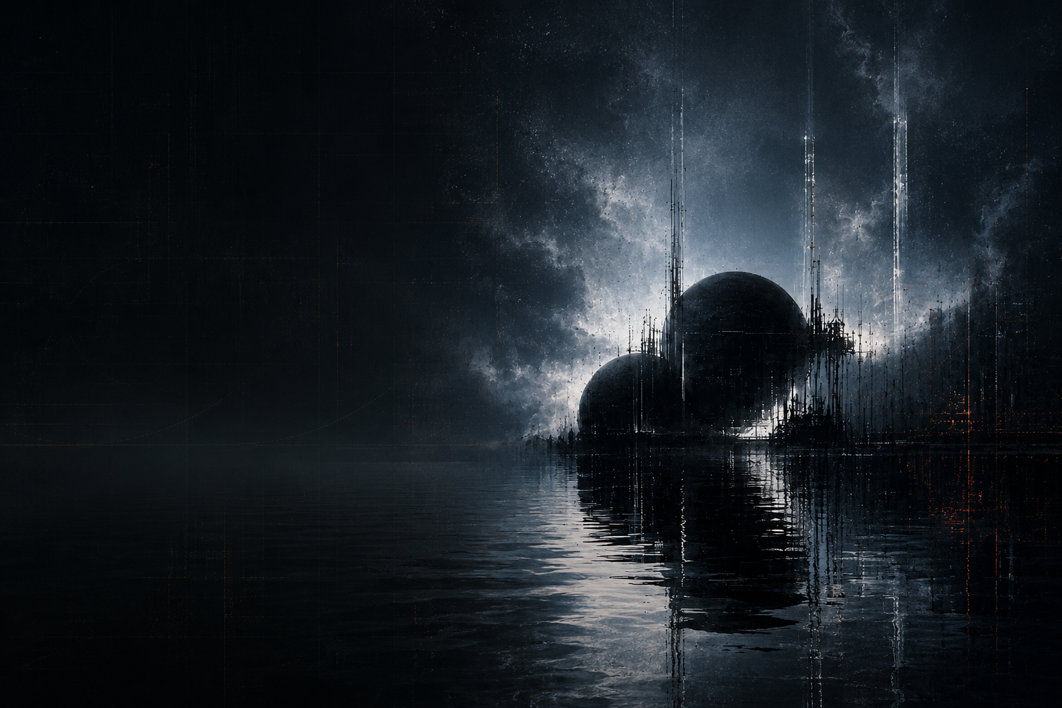Dark industrial waterfront with black spheres, grids, reflections, and red signal marks